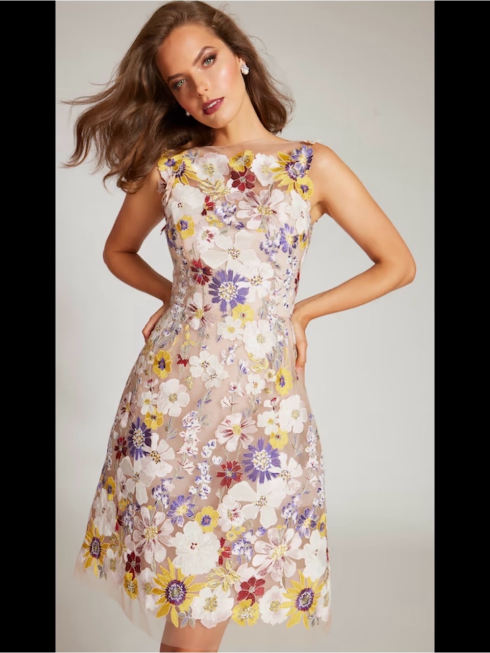 Teri Jon Blush Midi Dress with Multicolor Floral Embroidery, pre-owned